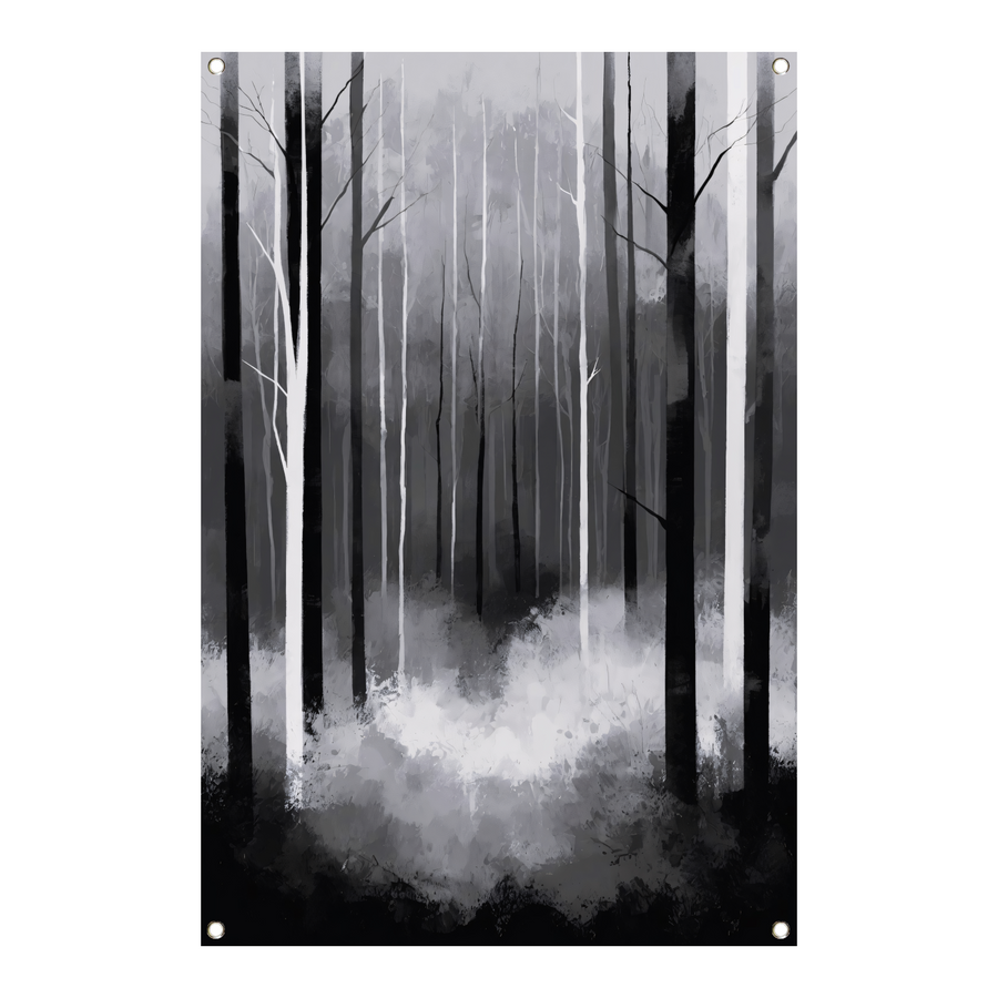 Monochroom Boslandschap in Mist tuinposter