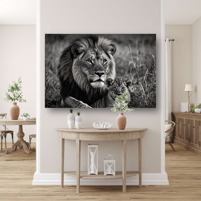 Majestueuze leeuwin met haar welp in zwart-wit acrylglas