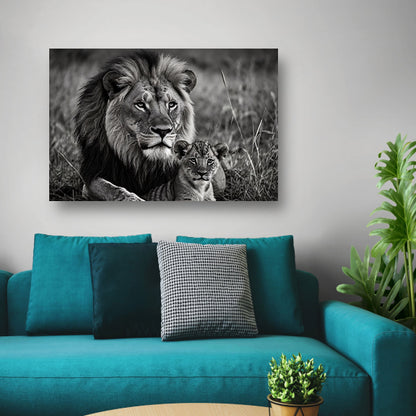 Majestueuze leeuwin met haar welp in zwart-wit acrylglas