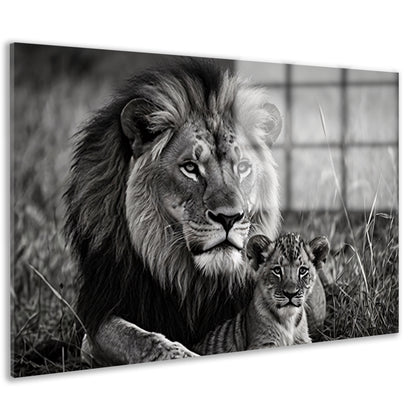 Majestueuze leeuwin met haar welp in zwart-wit acrylglas