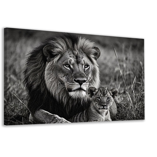 Majestueuze leeuwin met haar welp in zwart-wit canvas