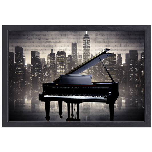 Piano en Stadssilhouet bij Nacht canvas met baklijst
