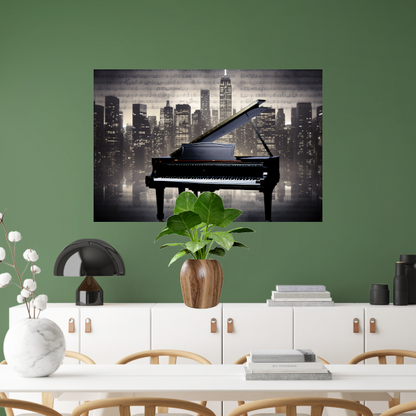 Piano en Stadssilhouet bij Nacht poster