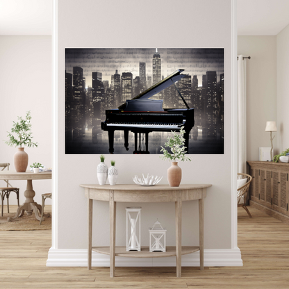 Piano en Stadssilhouet bij Nacht poster