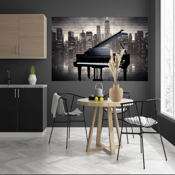 Piano en Stadssilhouet bij Nacht poster