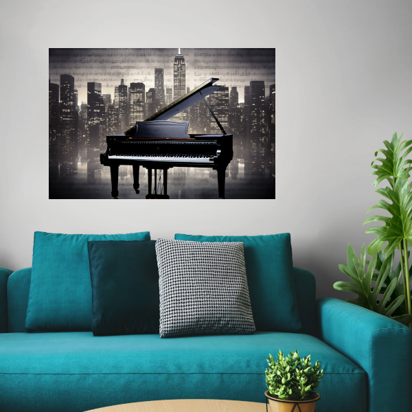 Piano en Stadssilhouet bij Nacht poster