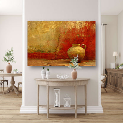 Verweerde vaas tegen oude muur canvas