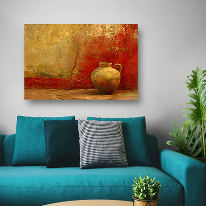 Verweerde vaas tegen oude muur canvas