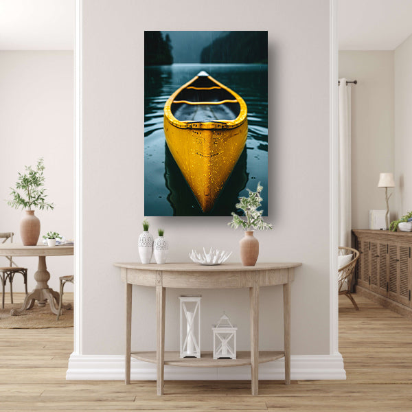 Gele Kano in de Regen op een Meer canvas met baklijst