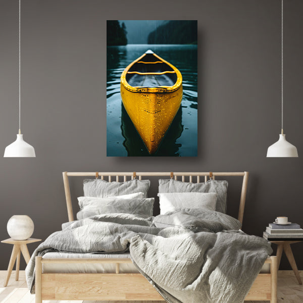 Gele Kano in de Regen op een Meer canvas met baklijst