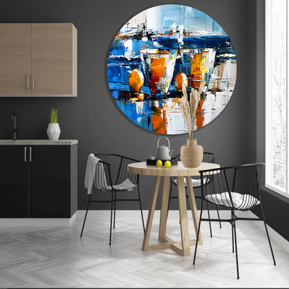Abstract schilderij van glazen en vruchten aluminium muurcirkel