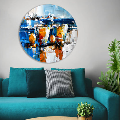 Abstract schilderij van glazen en vruchten aluminium muurcirkel