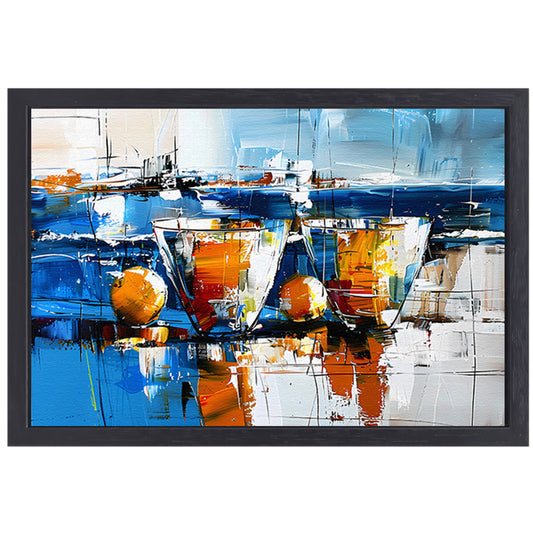 Abstract schilderij van glazen en vruchten canvas met baklijst