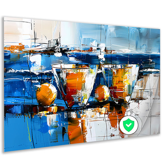 Abstract schilderij van glazen en vruchten poster