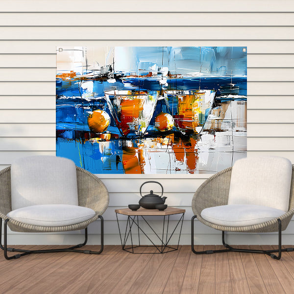 Abstract schilderij van glazen en vruchten tuinposter