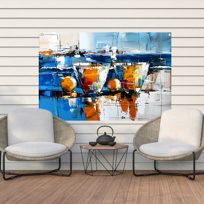 Abstract schilderij van glazen en vruchten tuinposter