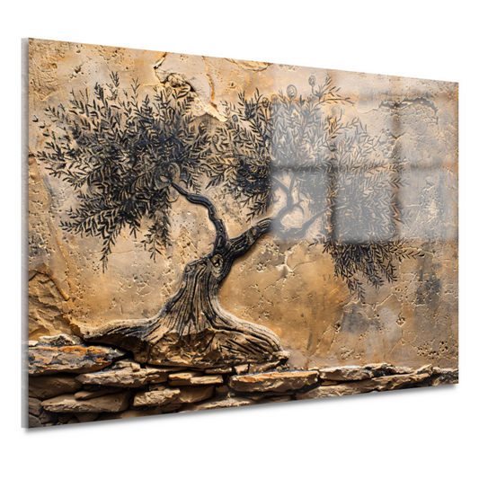 Olijfboom in sepia tonen op steen acrylglas