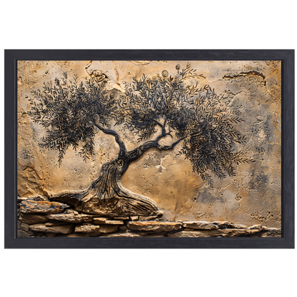 Olijfboom in sepia tonen op steen canvas met baklijst