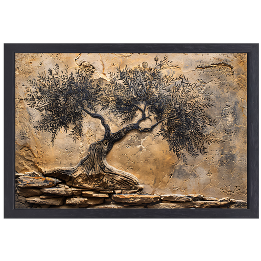Olijfboom in sepia tonen op steen canvas met baklijst