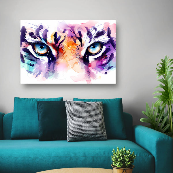 Abstracte tijgerogen in kleurrijke aquarelstijl canvas met baklijst