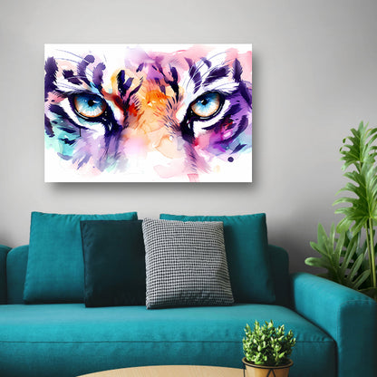 Abstracte tijgerogen in kleurrijke aquarelstijl canvas met baklijst