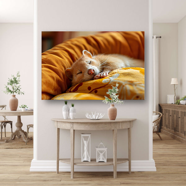 Slapende Fret op Zacht Kussen canvas met baklijst