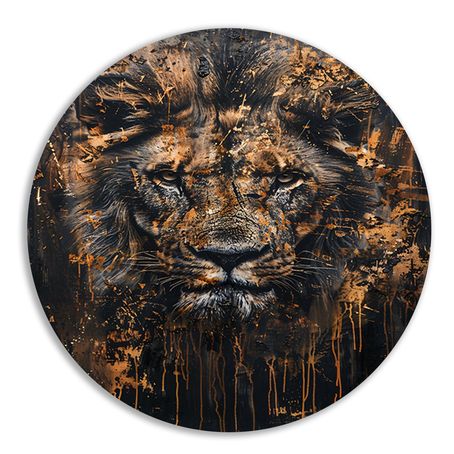Mysterieus leeuwenportret met rustieke details aluminium muurcirkel