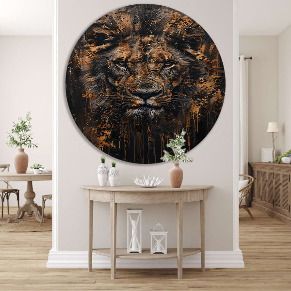 Mysterieus leeuwenportret met rustieke details aluminium muurcirkel