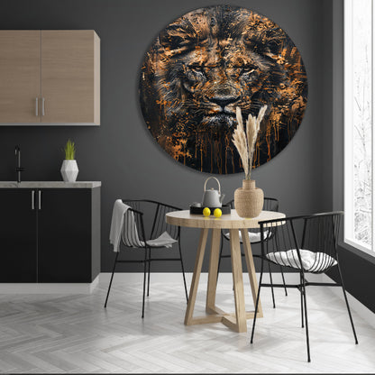 Mysterieus leeuwenportret met rustieke details aluminium muurcirkel