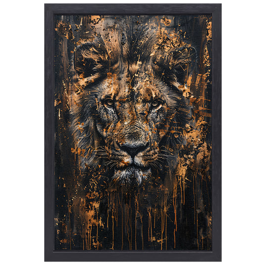 Mysterieus leeuwenportret met rustieke details canvas met baklijst