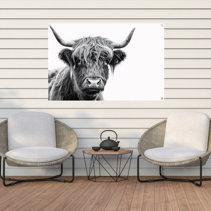 Close-up van een Schotse Hooglander in zwart-wit tuinposter