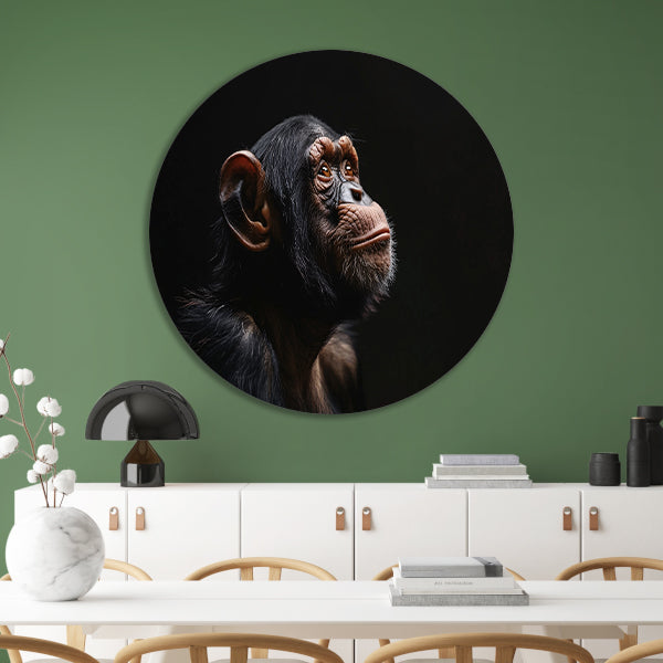 Gedetailleerd chimpanseeportret met donkere achtergrond aluminium muurcirkel