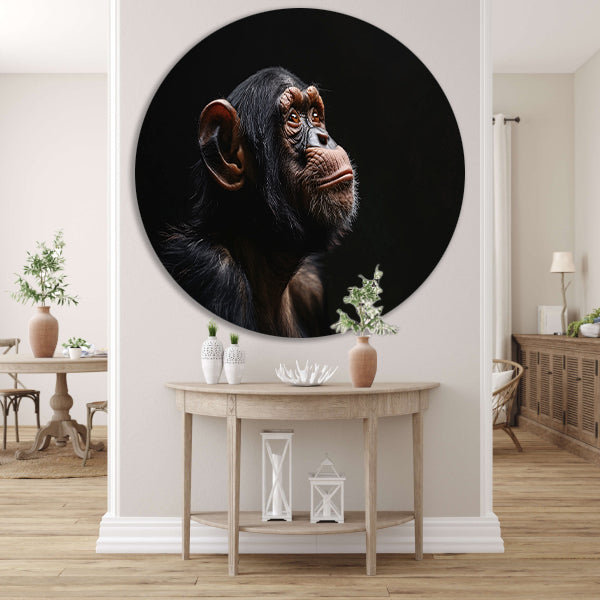 Gedetailleerd chimpanseeportret met donkere achtergrond aluminium muurcirkel