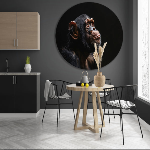 Gedetailleerd chimpanseeportret met donkere achtergrond aluminium muurcirkel