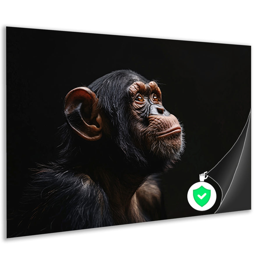 Gedetailleerd chimpanseeportret met donkere achtergrondposter