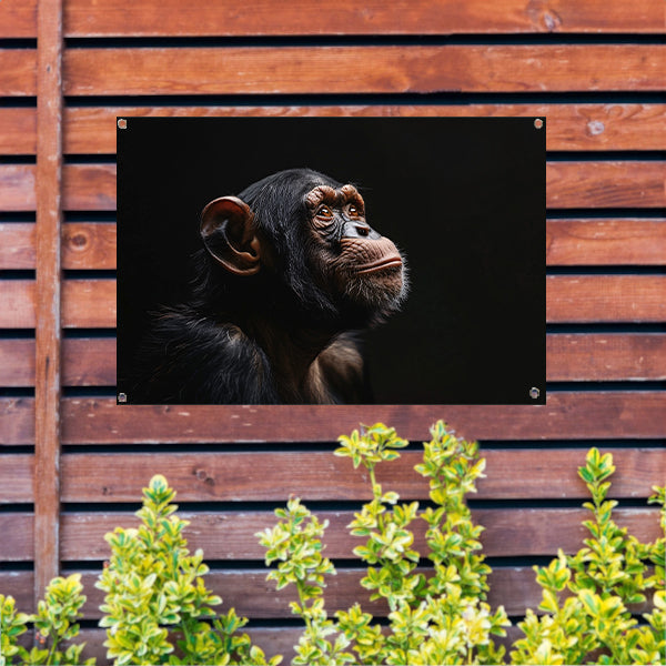 Gedetailleerd chimpanseeportret met donkere achtergrond tuinposter