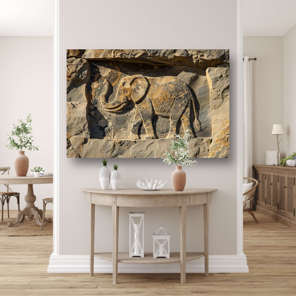 Gravure olifant op steen muurdecoratie poster