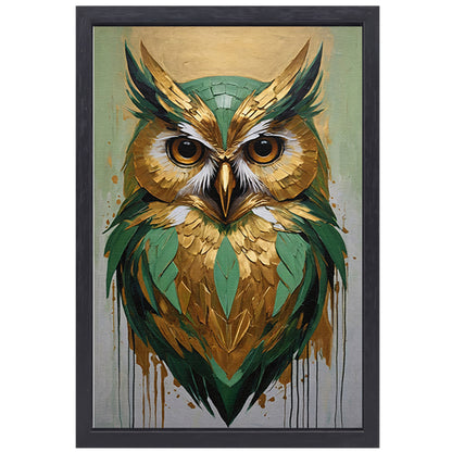 Abstracte Uil in Goud en Groen Tinten canvas met baklijst