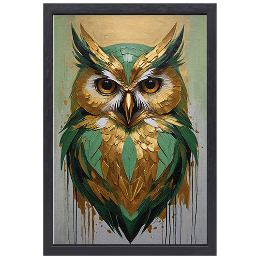 Abstracte Uil in Goud en Groen Tinten canvas met baklijst