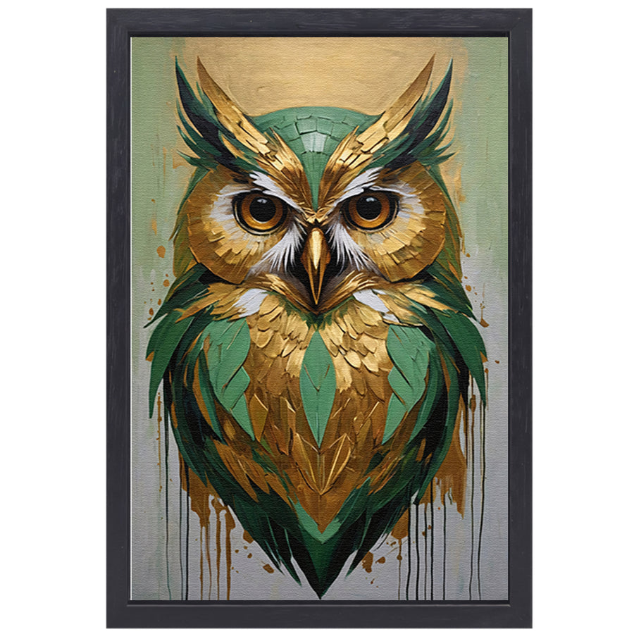 Abstracte Uil in Goud en Groen Tinten canvas met baklijst