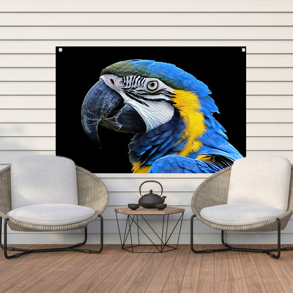 Realistisch schilderij van kleurrijke papegaai tuinposter