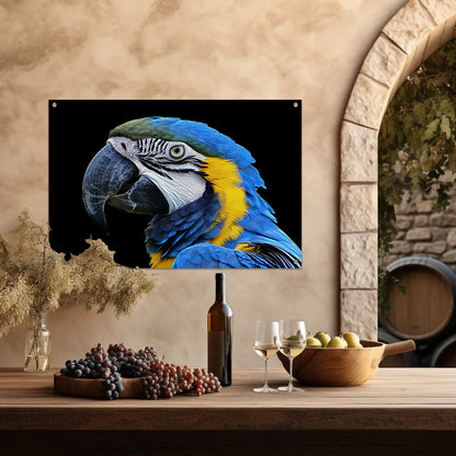 Realistisch schilderij van kleurrijke papegaai tuinposter