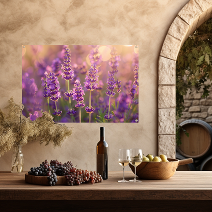 Betoverende zonsondergang over een lavendelveld tuinposter