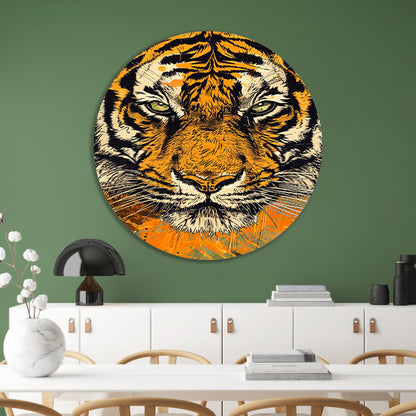 Prachtige tijger lijnkunst in dynamische kleuren aluminium muurcirkel
