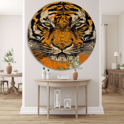 Prachtige tijger lijnkunst in dynamische kleuren aluminium muurcirkel