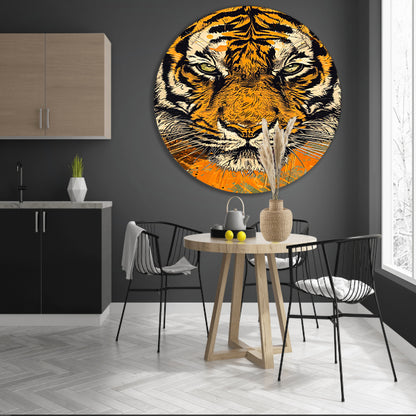 Prachtige tijger lijnkunst in dynamische kleuren aluminium muurcirkel