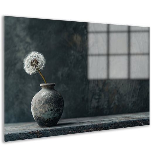 Uitgebloeide paardenbloem in oude vaas acrylglas