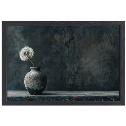 Uitgebloeide paardenbloem in oude vaas canvas met baklijst