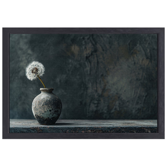 Uitgebloeide paardenbloem in oude vaas canvas met baklijst