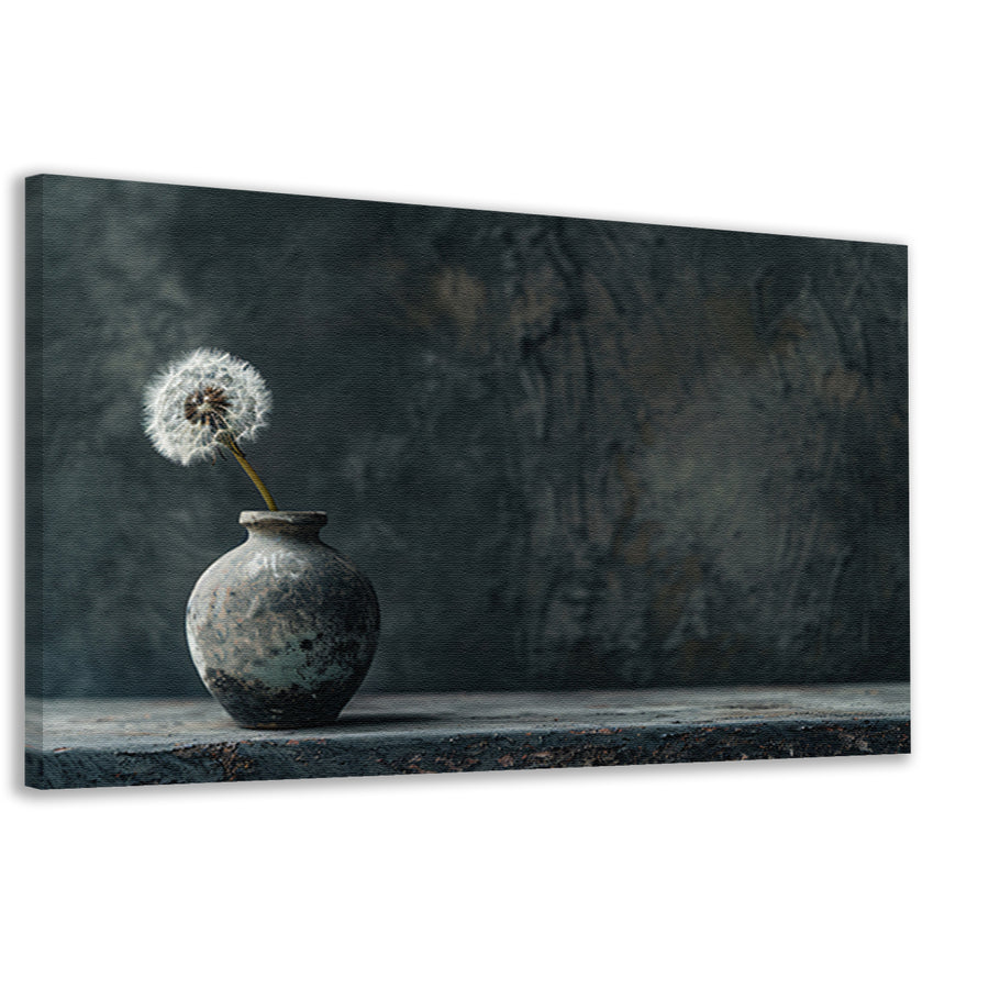 Uitgebloeide paardenbloem in oude vaas canvas